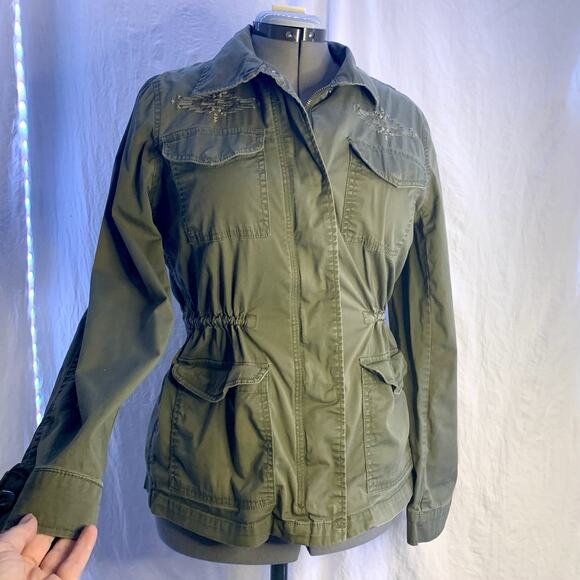 Gap Army Green Utility Jacket, Embroidered Detailing, Gathered Waist, Women’s M - Picture 2 of 10